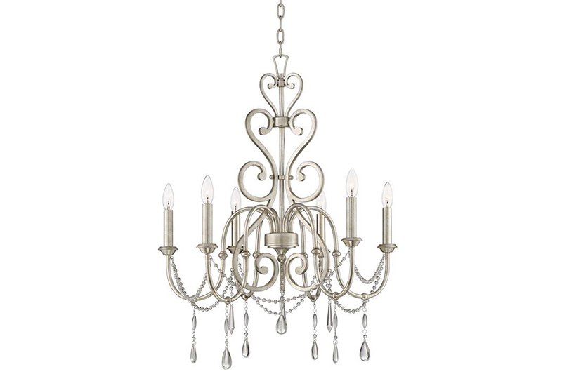 Featuring a romantic silhouette with graceful curves, this traditional six-light chandelier from Regency Hill is perfect for an upscale setting.