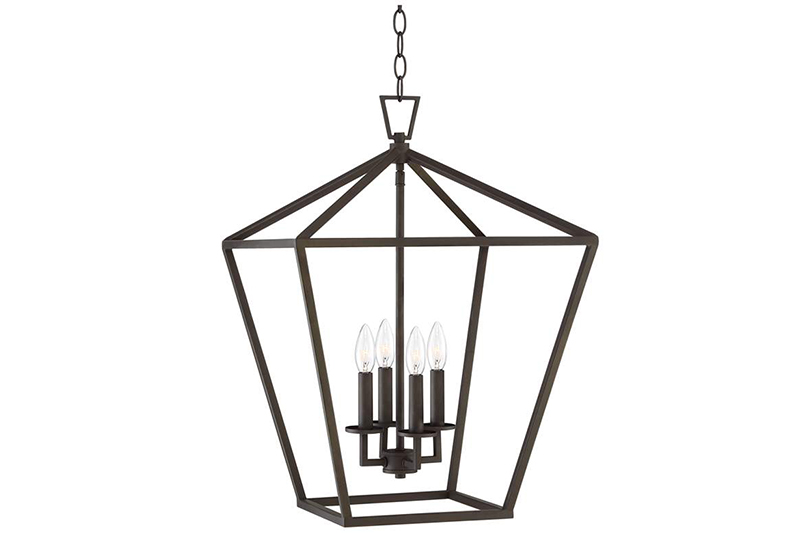 Open, geometric framing surrounds a cluster of lights within this four-light mini pendant.