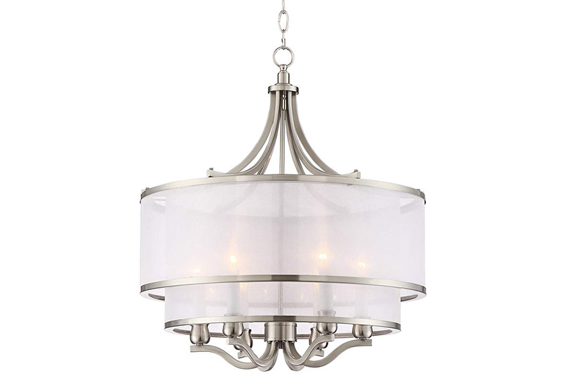 White organza shades and a brushed nickel frame pair on this six-light pendant for a look that is at once airy and sophisticated.